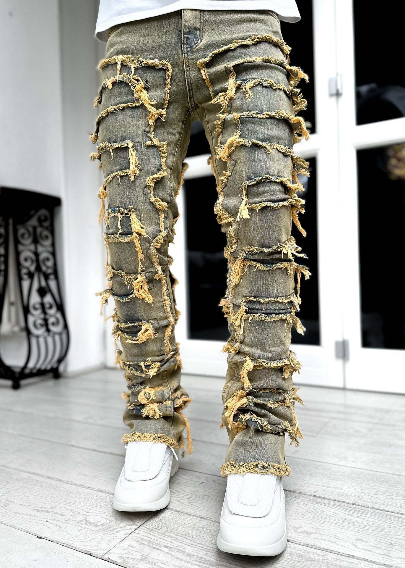 Patched Pants Long Tight Fit Stacked Jeans
