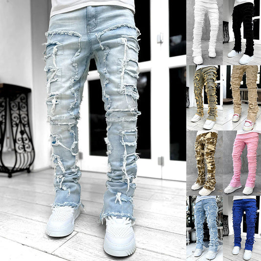 Patched Pants Long Tight Fit Stacked Jeans
