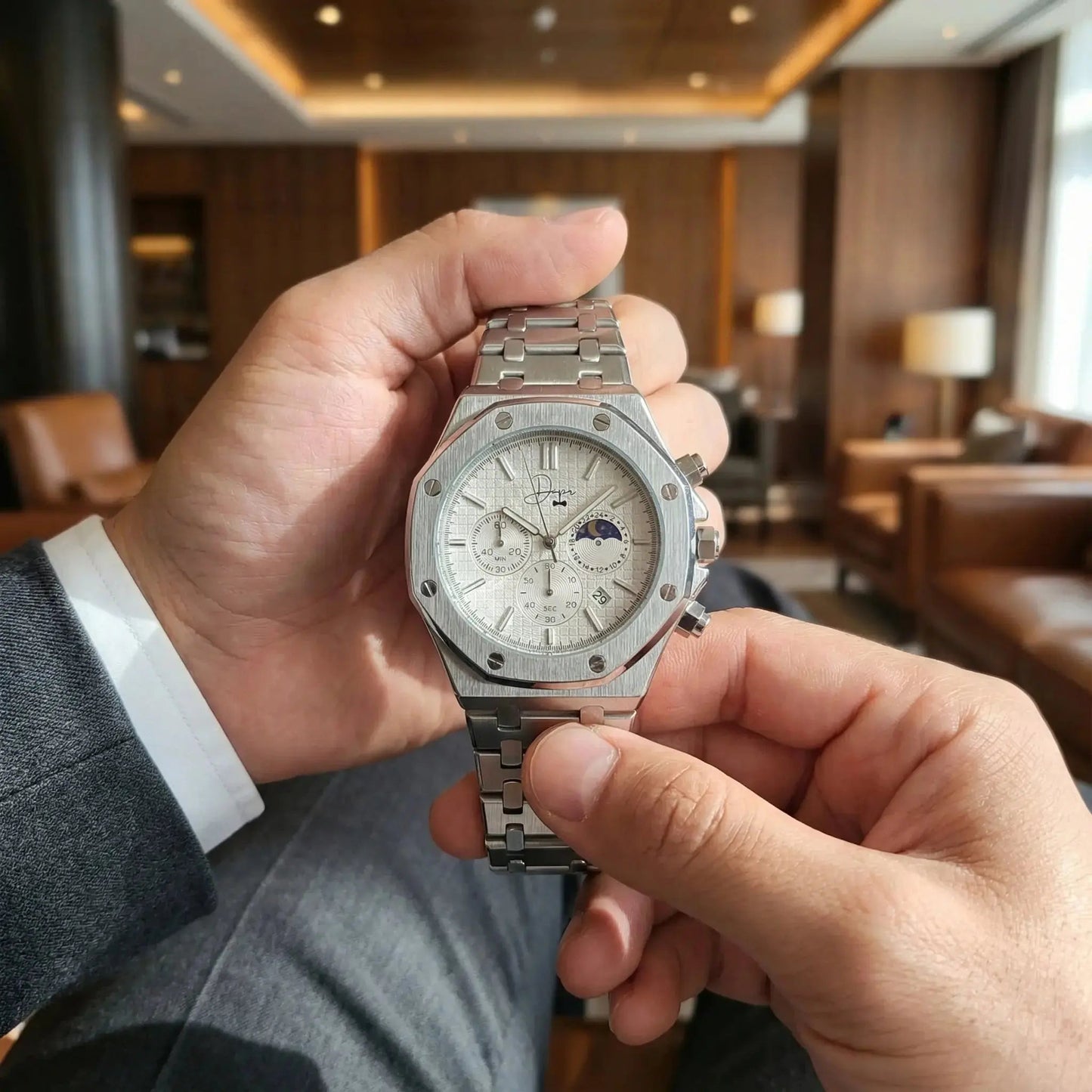 Silver Stainless Steel Watch – ChronoLunar White Dial by Dapper Watches